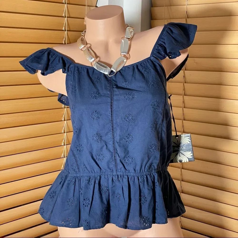 NWT Sz S Navy Blue Cliché Eyelet Cap-Sleeve Blouse Classy on Style Beautiful!!
